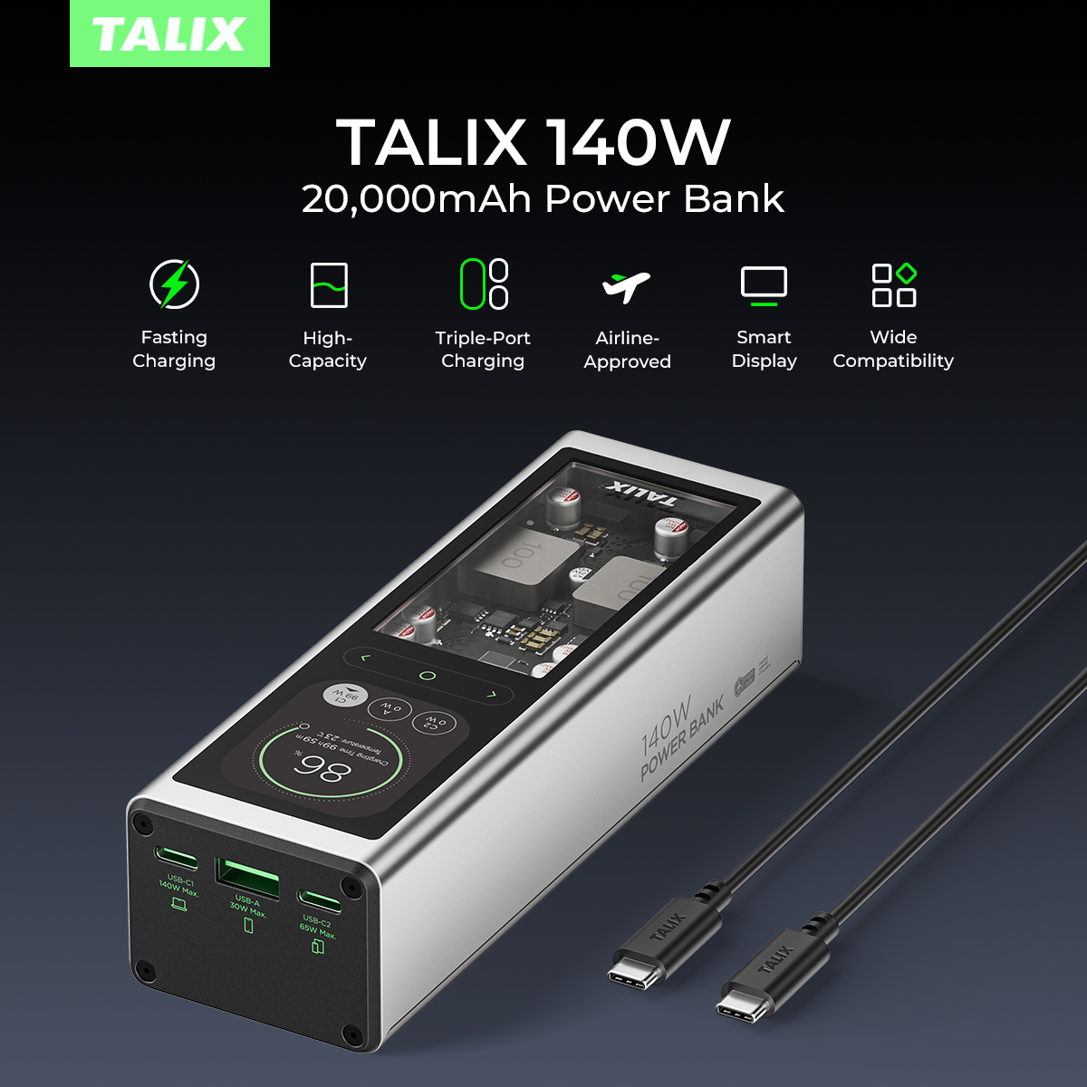Portable Charger 20000Mah - TALIX 140W Power Bank 20000mAh battery