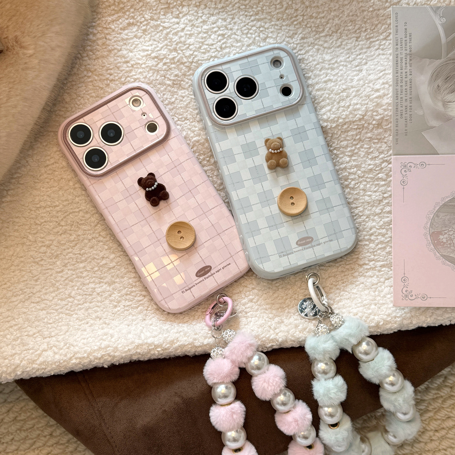 Korean Plaid 3D Cartoon Pearl  - Phone Accessories Beads のレビューと価格