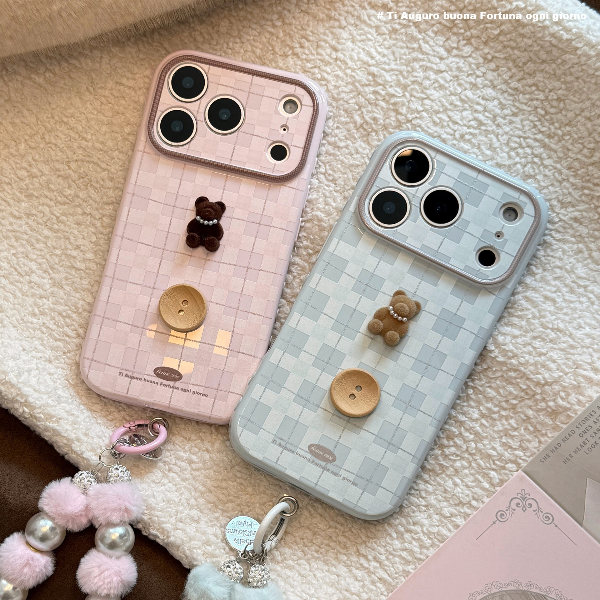 Korean Plaid 3D Cartoon Pearl  - Phone Accessories Beads のレビューと価格